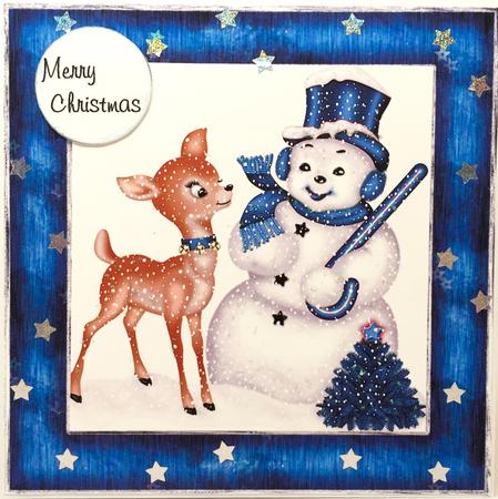 Blue Hat Snowman and Reindeer by Elena Pavlova