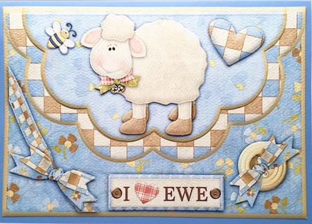 Double Scallop Envelope Card Front I Love Ewe (blue) by Elena Pavlova