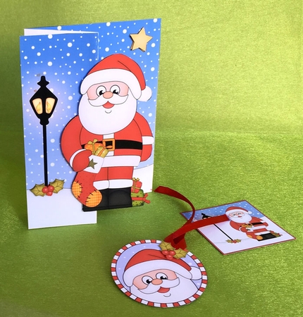 3D Shaped No-Hole Fold Back Christmas Card Mini Kit  - Santa has an Xmas Stocking full of Presents by Elisabeth Le Clainche