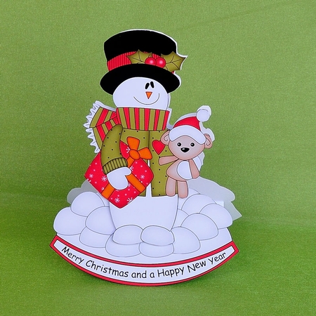 3D Shaped Rocking Christmas Card Mini Kit  - Snowman Rio has an Xmas Present & Teddy by Elisabeth Le Clainche