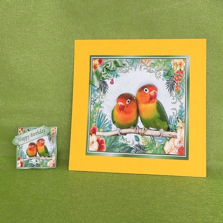 Pair of love birds on a branch in tropical flower frame 8x8 by Elisabeth Le Clainche
