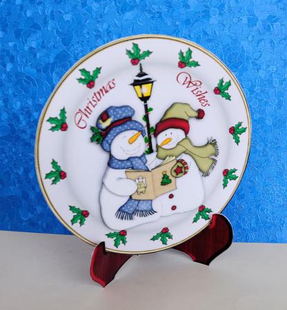 Carol Singing Snowmen Plate Card and Stand by Elisabeth Le Clainche