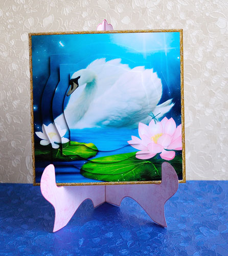 Moonlit Swan and Water Lily Easel Card by Elisabeth Le Clainche