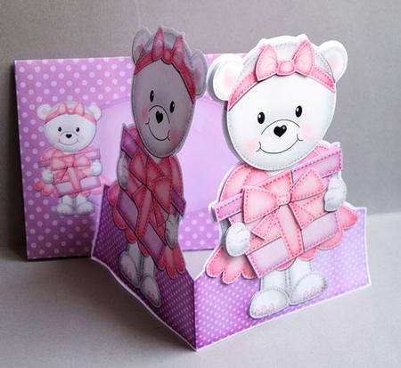 3D Teddy Tess's Present Shaped Card with Decoupage by Elisabeth Le Clainche