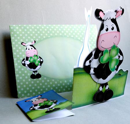 Milly Moo Cow's Good Luck Clover Shaped Card with Decoupage by Elisabeth Le Clainche