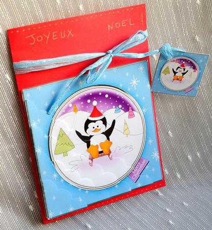 Cute Christmas Penguin goes Sledging Scallop Corner Topper by Elisabeth Le Clainche