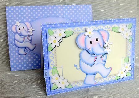 3D Lola Elephant's Flowers Animated Moveable Decoupage Card by Elisabeth Le Clainche