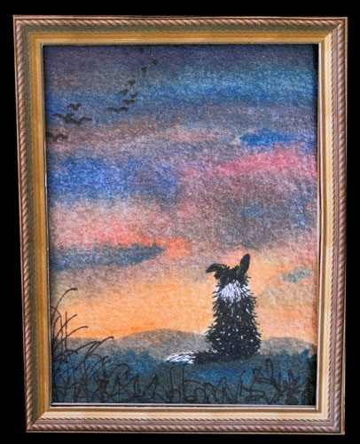 Dog Watching an Evening Flight of Birds in the Sunset by Elisabeth Le Clainche