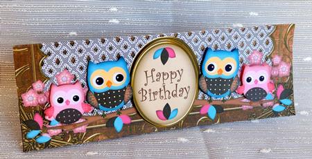 Pink Blue Owls Happy Birthday Large Dl Decoupage Card Kit by Elisabeth Le Clainche