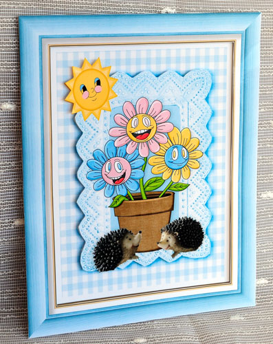 Smiling Faces Flowers in a Flower Pot with Hedgehogs A4 by Elisabeth Le Clainche
