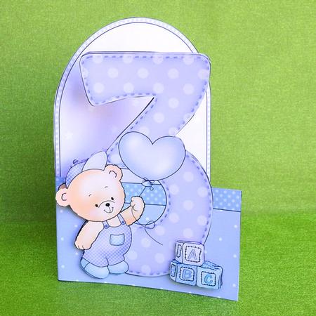 3D 3rd Birthday Teddy Shaped Front Card with Decoupage by Elisabeth Le Clainche