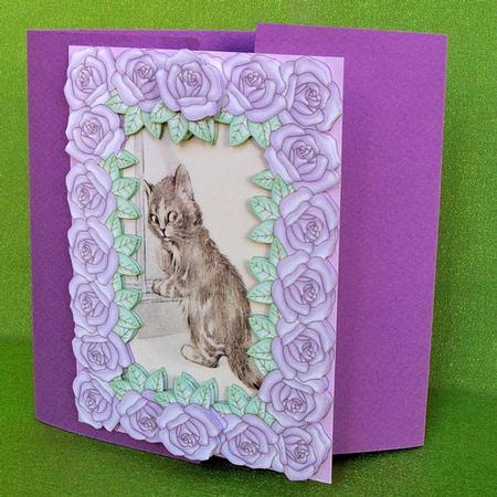 Large Pearly Rose Framed Mischevious Kitty Cat by Elisabeth Le Clainche