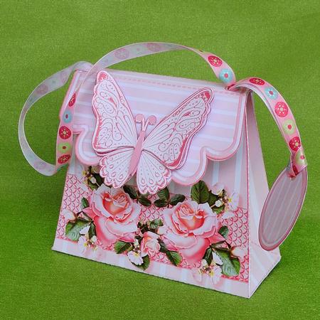 Handbag Gift Box Pink Roses on a Candy Stripe with Butterfly by Elisabeth Le Clainche