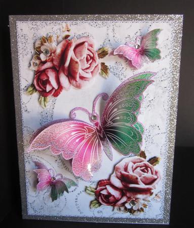 Pink Butterflies, Pink Roses in Sparkle Frame by Elizabeth A Sanders
