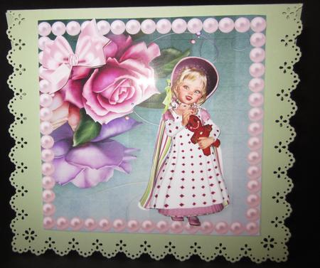 Vintage Little Girl Cuddling Teddy with Bow 8x8 by Elizabeth A Sanders