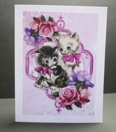Vintage Kittens with Pink Roses in Frame by Elizabeth A Sanders
