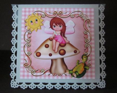 Faerie Sitting on a Mushroom with Smiling Sun 8x8 by Elizabeth A Sanders
