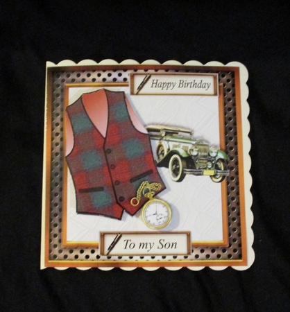 Male birthday card in wooden frame with red and green check Harris tweed textured waistcoat,pocket watch and vintage car topper for 6x6 card by Lizzie Hartwell