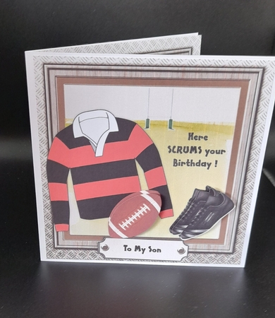 Red and black striped rugby shirt with rugby ball and boots, male birthday card 6x6 topper  by Lizzie Hartwell
