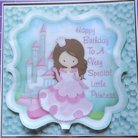 Brunette Birthday Princess With Castle - 7 x 7 Card Topper & Decoupage by Lizzie Hartwell