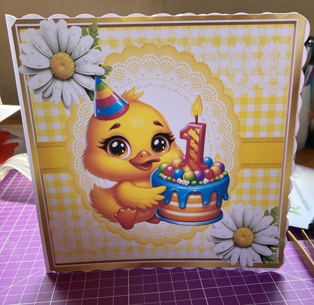 Cute Yellow Birthday Duck (AGED ONE) With Daisies in Yellow Gingham 8x8 Featured Gallery Photo