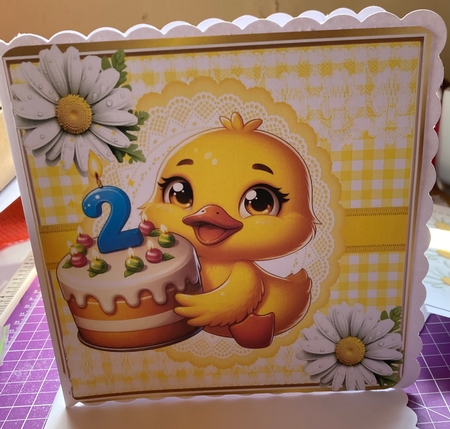 Cute Yellow Birthday Duck (AGED TWO) With Daisies in Yellow Gingham 8x8 by Lizzie Hartwell
