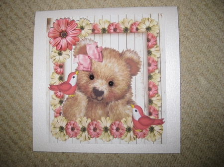 Gorgeous Little Fuzzy Bear with Birds and Pink Flowers 8x8 by Ellen Morgan