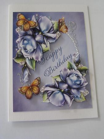 Pretty Blue Roses with Gold Butterflies by Ellen Morgan