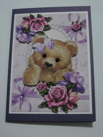 Cute Fuzzy Bear in Bows and Pearls with Roses by Ellen Morgan