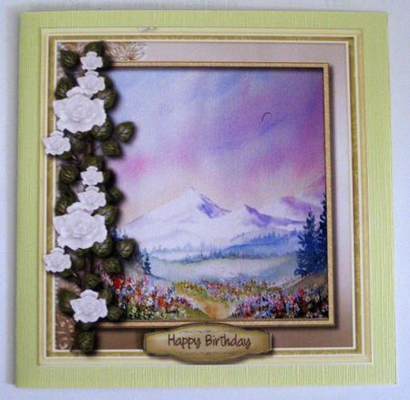 Beautiful Alpine Scene and White Roses  by Ellen Morgan