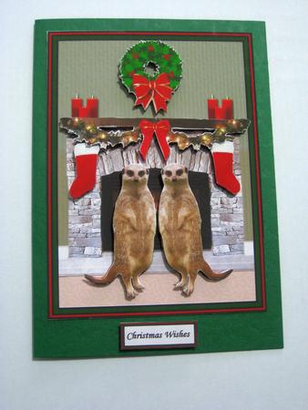 Meerkat Couple Christmas Fireplace 3D Decoupage by Ellen Morgan