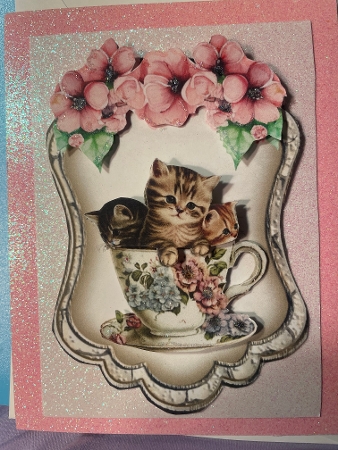 Kitties and Teacups 4 - 6x4 inch topper with decoupage  by Emilie Freeman