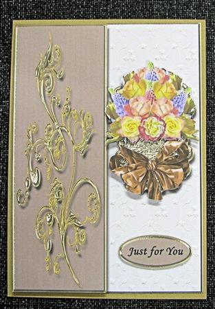 Yellow and Peach Roses with Lupins on a Golden Scallop by Emma Gleave