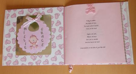 New Baby Girl Bib Design Card Front with Decoupage Featured Gallery Photo
