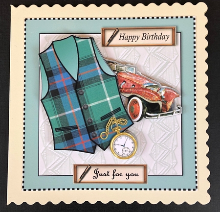Male birthday card with McDonald hunting tartan waistcoat,pocket watch and vintage car topper for 6x6 card by Engela Conradie