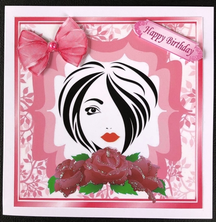 Pretty modern lady with pink roses and bow 8x8 by Engela Conradie