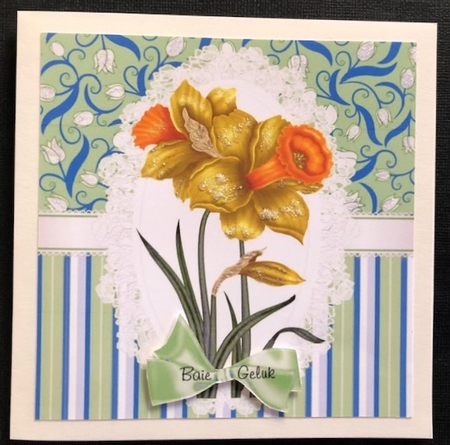 pretty daffodils on lace green floral blue/stripe 8x8 by Engela Conradie
