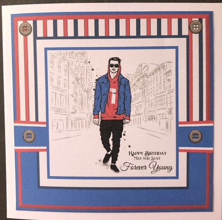 8x8 Forever Young Red & Blue Card Front with sentiments  by Engela Conradie