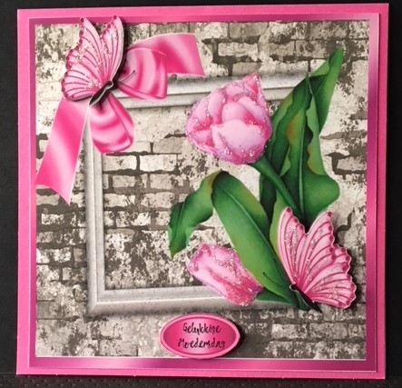 pretty corner pink tulips & butterflies with brick effect wall 8x8 by Engela Conradie