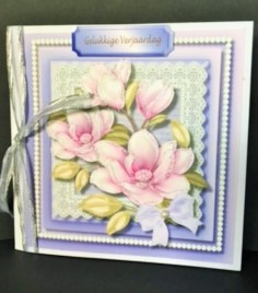 Beautiful Lilac Magnolias on Lace with Pearls  by Engela Conradie