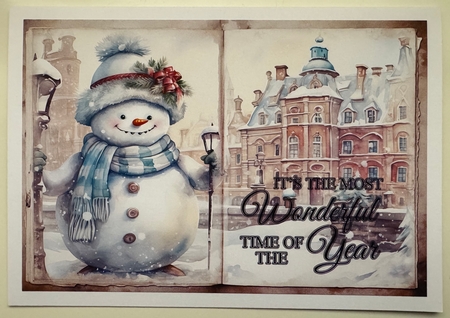 Snowman In Snowy Town A5 Card by Erika Sissons