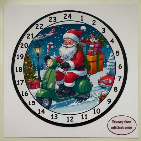 advent clock santa on scooter by Erika Sissons