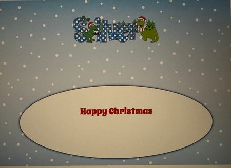Christmas Dinosaurs with Christmas pudding and present SILVER large dl insert by Erika Sissons