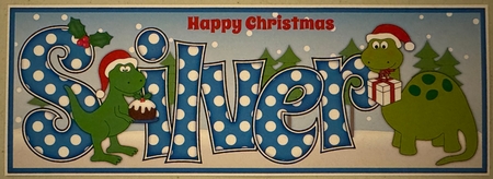 Christmas Dinosaurs with Christmas pudding and present SILVER large dl insert by Erika Sissons