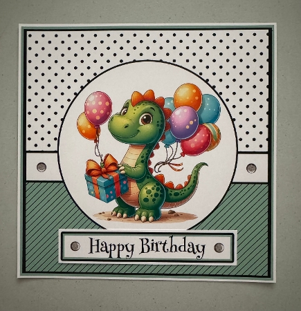 Dinosaur With Balloons Birthday Card With Ages by Erika Sissons