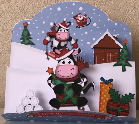 3D Pop Up Front Xmas Sledging Milly Moo Cow Card Kit by Erika Sissons