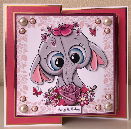 Gorgeous Pink Elephant with flowers 8x8 by Erika Sissons
