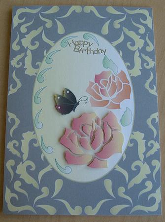 Two Roses and Butterfly on Khaki by Eunice Roberts