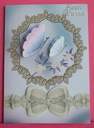 Gold Framed Shellwing Butterflies with Gold Lace Bow by Eunice Roberts