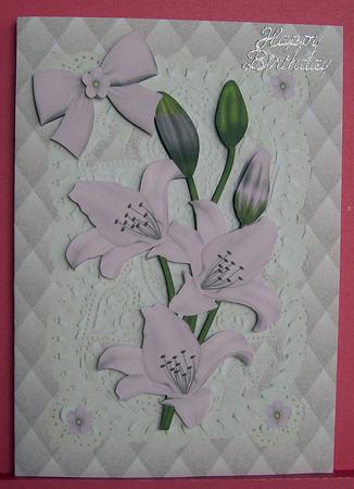 Lilac Lillies on Ecru Lace, A4 Topper by Eunice Roberts